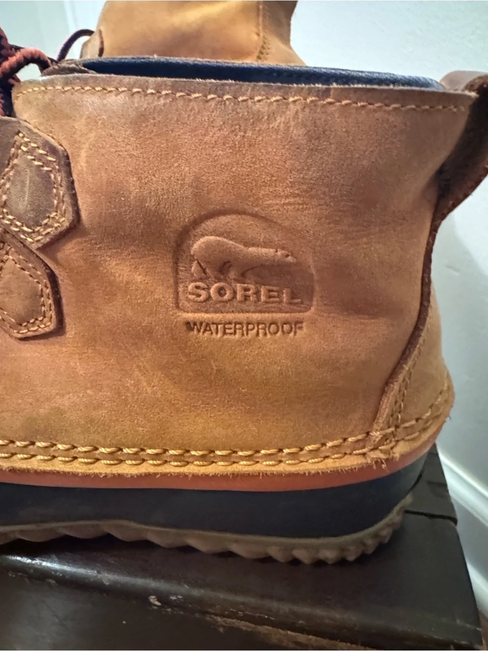 Waterproof Sorel Brown and Navy Lace-Up Rain Duck Boots with Orange Trim